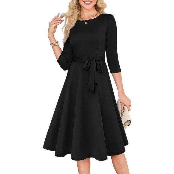 Women's Black 3/4 Sleeve Vintage Flattering A-line Vintage Cocktail Dresses - Picture 2 of 5